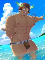 Rule 34 | 1boy, abs, animal ears, bara, beard, blush, brown hair, brown male swimwear, bulge, cowboy shot, dark-skinned male, dark skin, day, facial hair, feathers, fiery horns, forked eyebrows, glowing horns, highres, horns, large pectorals, looking at viewer, male focus, male swimwear, manly, muscular, native american, open mouth, outdoors, pectorals, pointing, pov, print male swimwear, print thong, simple background, smile, solo, summer, tepen (tptptpn), thick eyebrows, thong, tokyo houkago summoners, upper body, wakan tanka, wakan tanka (fashionista swimsuit)