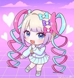 Rule 34 | 1girl, :d, blonde hair, blue bow, blue eyes, blue footwear, blue hair, blue shirt, blue skirt, blush, bow, chibi, chouzetsusaikawa tenshi-chan, cloud, commentary request, full body, hair bow, hair ornament, hand up, heart, heart hair ornament, ichihara naga, long hair, long sleeves, looking at viewer, multicolored hair, needy girl overdose, open mouth, pink bow, pink hair, pleated skirt, purple bow, quad tails, sailor collar, school uniform, serafuku, shirt, shoes, skirt, smile, solo, standing, standing on one leg, twintails, v over mouth, very long hair, yellow bow