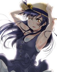 Rule 34 | 1girl, armpits, arms up, blue hair, blush, commentary request, dress, floating hair, flower, hair between eyes, hat, highres, holding, long hair, looking at viewer, love live!, love live! school idol festival, love live! school idol project, one eye closed, shogo (4274732), simple background, sleeveless, sleeveless dress, solo, sonoda umi, straw hat, sunflower, white background, wind, yellow eyes