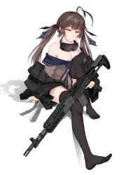 Rule 34 | 1girl, absurdres, antenna hair, bare shoulders, battle rifle, black hair, black legwear, breasts, coat, eyebrows, girls&#039; frontline, goggles, goggles around neck, gun, highres, holding, holding gun, holding weapon, large breasts, long hair, long sleeves, looking at viewer, loose clothes, m14, m14 (girls&#039; frontline), neck ribbon, no shoes, pixiv username, ribbon, rifle, shadow, simple background, sitting, smug, solo, thigh gap, trigger discipline, twintails, vectorek, weapon, white background, yellow eyes