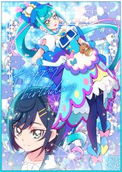 Rule 34 | 1other, 2girls, ankle bow, ankle ribbon, artist logo, back bow, blue bow, blue eyes, blue hair, blue pantyhose, blue theme, blush, bob cut, boots, bow, brooch, cure spicy, delicious party precure, dress, dual persona, fuwa kokone, gloves, green eyes, hair bow, hair bun, hair ornament, hairclip, happy birthday, heart, heart brooch, huge bow, jewelry, kamikita futago, long hair, looking at viewer, magical girl, medium dress, multiple girls, open mouth, pam-pam (precure), pantyhose, pink hair, precure, ribbon, shirt, short hair, side-by-side, side ponytail, smile, solo, triple bun, very long hair, white gloves