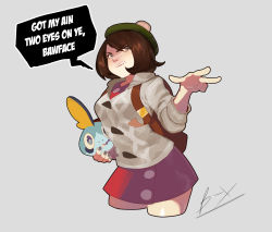 Rule 34 | 1girl, backpack, bag, brown hair, cardigan, commentary, creatures (company), cropped legs, english commentary, english text, freckles, game freak, gen 8 pokemon, gloria (pokemon), grey background, grey cardigan, hat, highres, holding, holding pokemon, nintendo, nyantcha, pointing, pointing at viewer, pokemon, pokemon (creature), pokemon swsh, red skirt, scottish english text, skirt, sobble, speech bubble, tam o&#039; shanter