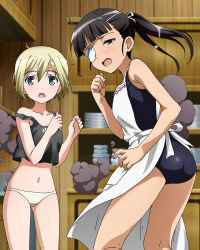Rule 34 | 2girls, apron, artist request, ass, black hair, blonde hair, blue eyes, blush, breasts, brown eyes, collarbone, erica hartmann, eyepatch, highres, looking at viewer, looking back, medium breasts, multiple girls, navel, non-web source, open mouth, panties, ponytail, sakamoto mio, short hair, strike witches, swimsuit, tears, underwear, white panties, world witches series