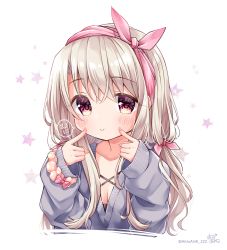 Rule 34 | 1girl, anzu ame, artist name, blonde hair, blush, breasts, collarbone, commentary request, fate/stay night, fate (series), hair ornament, hairband, illyasviel von einzbern, long hair, long sleeves, looking at viewer, pink hairband, red eyes, signature, simple background, small breasts, smile, solo, star (symbol), translation request