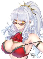 Rule 34 | 1girl, artist request, bare shoulders, bikini, blush, breasts, carmilla (fate), carmilla (summertime mistress) (fate), carmilla (swimsuit rider) (fate), choker, cleavage, curly hair, eyewear on head, fate/grand order, fate (series), highres, jewelry, large breasts, long hair, looking at viewer, silver hair, simple background, slit pupils, smile, solo, sunglasses, swimsuit, upper body, white background, yellow eyes
