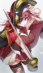 Rule 34 | 1girl, arrow through heart, ascot, black choker, black coat, black hat, black thighhighs, breasts, choker, cleavage, coat, cropped jacket, eyepatch, frilled choker, frills, hair ribbon, hat, highres, holding, holding sword, holding weapon, hololive, houshou marine, houshou marine (1st costume), jacket, leotard, leotard under clothes, long hair, looking at viewer, miniskirt, monokawa (iurl1z), pirate hat, red ascot, red coat, red eyes, red hair, red jacket, red ribbon, red skirt, ribbon, scar, scar on arm, scar on face, scar on leg, skirt, sleeveless, sleeveless jacket, solo, sword, thighhighs, torn clothes, torn thighhighs, two-sided coat, two-sided fabric, virtual youtuber, weapon, white background