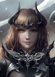 Rule 34 | 1girl, armor, artist name, brown eyes, brown hair, chuby mi, closed mouth, commentary, eyelashes, final fantasy, final fantasy xiv, highres, lips, long hair, looking at viewer, nose, realistic, solo, warrior of light (ff14), watermark