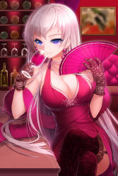Rule 34 | 1girl, aile (crossroads), alcohol, black thighhighs, blue eyes, breasts, cleavage, crossed legs, cup, dress, drink, drinking glass, earrings, garter straps, glass, gloves, hand fan, holding, jewelry, lace, lace-trimmed legwear, lace trim, large breasts, long hair, lots of jewelry, purple eyes, shiny skin, side slit, sigma (sword girls), sitting, smile, solo, sword girls, thighhighs, very long hair, white hair, wine, wine glass