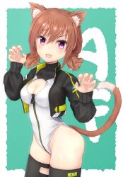 Rule 34 | 1girl, absurdres, alice gear aegis, animal ears, black jacket, black thighhighs, brown hair, cat ears, cat tail, circle cutout, cleavage cutout, clothing cutout, companion/af, covered collarbone, front zipper, full-length zipper, heattech leotard, highleg, highleg leotard, highres, jacket, kimikage yui, leotard, low twintails, open clothes, open jacket, race queen, red eyes, seseragi (star4rats), sleeveless, sleeveless turtleneck, sleeveless turtleneck leotard, solo, tail, thighhighs, turtleneck, twintails, two-tone leotard, white leotard, zipper, zipper leotard, zipper pull tab