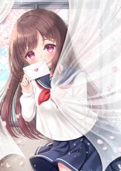 Rule 34 | 1girl, blue sailor collar, blue skirt, blush, breasts, brown hair, cherry blossoms, commentary request, covered mouth, curtains, day, envelope, heart, highres, holding, holding envelope, indoors, letter, long hair, long sleeves, looking at viewer, love letter, mirai (happy-floral), neckerchief, original, petals, pleated skirt, purple eyes, red neckerchief, sailor collar, school uniform, serafuku, shirt, skirt, sleeves past wrists, small breasts, solo, transparent, very long hair, white shirt, window