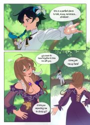 Rule 34 | 1boy, 1girl, abbystea, alternate costume, bare back, black hair, blue eyes, breasts, brown hair, cleavage, day, dress, genshin impact, green eyes, highres, lisa (genshin impact), long hair, long sleeves, mature female, open arms, open mouth, outdoors, purple dress, shirt, sitting, strapless, strapless dress, talking, trap, tree, venti (genshin impact), white shirt