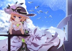 Rule 34 | 1girl, bird, black hat, breast rest, breasts, brown hair, cleavage, cloud, curtains, day, dress, flower knight girl, frilled dress, frills, gem, hat, interlocked fingers, large breasts, looking at viewer, maronie (flower knight girl), medium hair, mizunashi (second run), own hands together, puffy short sleeves, puffy sleeves, purple eyes, seagull, short sleeves, sky, smile, sparkle, tagme