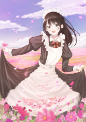 Rule 34 | 1girl, absurdres, apron, black hair, blurry, bow, bowtie, brown eyes, clothes lift, commentary, day, depth of field, dress, dress lift, fang, field, flower, flower field, hennekobakatesu, highres, long hair, maid, maid apron, maid headdress, original, outdoors, petals, red bow, red bowtie, sky, solo