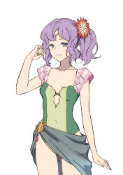 1girl blue_eyes breasts casual_one-piece_swimsuit character_request cleavage closed_mouth collarbone cowboy_shot flower granblue_fantasy green_one-piece_swimsuit hair_flower hair_ornament long_hair mifuta one-piece_swimsuit purple_hair sarong simple_background small_breasts smile solo standing swimsuit white_background