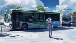 Rule 34 | 1girl, absurdres, ascot, blouse, blue eyes, blue hair, blue pants, blue sky, blue vest, bus, cloud, cloudy sky, commentary, contemporary, hair ornament, hair over one eye, hair ribbon, highres, long sleeves, looking at viewer, motor vehicle, pants, png pant (bus), power lines, re:zero kara hajimeru isekai seikatsu, red ascot, red ribbon, rem (re:zero), ribbon, road, salute, shadow, shirt, short hair, sky, solo, standing, traffic light, utility pole, vehicle focus, vest, white shirt, wide shot, x hair ornament