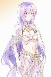 Rule 34 | 1girl, alternate costume, bare shoulders, breasts, circlet, cleavage, fire emblem, fire emblem: genealogy of the holy war, highres, julia (fire emblem), long hair, medium breasts, nintendo, purple eyes, purple hair, smile, solo, swimsuit, touri 01, white swimsuit