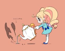 Rule 34 | 10s, 1girl, ahoge, ant, bad id, bad twitter id, blonde hair, blue eyes, blush, bug, commentary request, dress, drill hair, gyosone, harime nui, bug, kill la kill, oversized object, smile, teapot, thighhighs, translation request, twintails, aged down