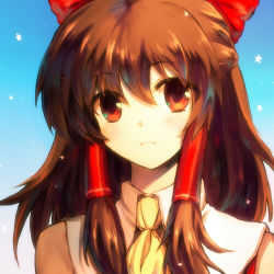 Rule 34 | 1girl, ascot, bare shoulders, blush, bow, brown eyes, brown hair, hair bow, hair tubes, hakurei reimu, long hair, looking at viewer, lowres, onimaru gonpei, portrait, red bow, solo, star (symbol), touhou