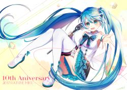 Rule 34 | 1girl, 2017, anniversary, aqua eyes, aqua hair, boots, character name, hatsune miku, long hair, looking at viewer, microphone, omelet tomato, open mouth, outstretched arm, skirt, solo, thigh boots, thighhighs, twintails, very long hair, vocaloid, white thighhighs