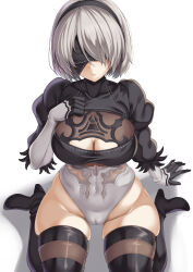 Rule 34 | 1girl, 2b (nier:automata), absurdres, black blindfold, black hairband, blindfold, breasts, cameltoe, cleavage, cleavage cutout, cleft of venus, closed mouth, clothing cutout, covered navel, gloves, grey hair, hairband, highleg, highleg leotard, highres, juliet sleeves, large breasts, leotard, long sleeves, mole, mole under mouth, nier:automata, nier (series), parapetto, puffy sleeves, short hair, simple background, sitting, skindentation, solo, thighs, wariza, white background