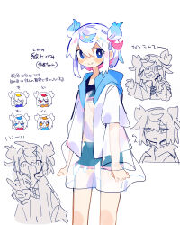 Rule 34 | 1girl, absurdres, black shorts, blue eyes, blue hair, bright pupils, closed mouth, commentary request, cowboy shot, double bun, ekami gumi (uenomigi), hair bun, highres, jacket, layered sleeves, long sleeves, medium hair, multicolored hair, open clothes, open jacket, original, pink hair, short over long sleeves, short sleeves, shorts, simple background, sketch, smile, translation request, uenomigi, white background, white hair, white jacket, white pupils