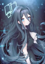 Rule 34 | 1girl, absurdly long hair, aqua halo, aris (blue archive), black dress, black hair, blue archive, blue eyes, blue halo, blush, crying, crying with eyes open, dress, halo, highres, k four nine, long hair, looking at viewer, parted lips, rectangular halo, ringed eyes, short sleeves, solo, tears, upper body, very long hair