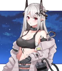 Rule 34 | 1girl, :o, arknights, arm at side, bare shoulders, black gloves, black horns, blush, breasts, chest sarashi, choker, cleavage, cloud, collar, earrings, elbow gloves, glint, gloves, grey hair, groin, hair ornament, hairclip, highres, horns, jacket, jewelry, large breasts, long hair, looking at viewer, midriff, mudrock (arknights), multiple earrings, navel, night, night sky, no panties, off shoulder, open clothes, open jacket, pointy ears, red eyes, sarashi, scales, shidoh279, single glove, skindentation, sky, slit pupils, solo, sports bra, star (sky), tube, upper body