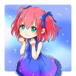 Rule 34 | 1girl, aqua eyes, blue background, blue dress, blue neckwear, blue ribbon, blush, clenched hands, commentary request, dress, hair ribbon, hands up, kurosawa ruby, looking at viewer, love live!, love live! sunshine!!, morimaiko, red hair, ribbon, short hair, solo, sparkle, two side up, yume de yozora wo terashitai
