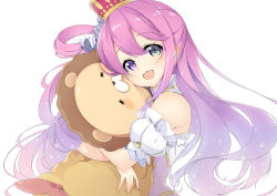 Rule 34 | 1girl, bare shoulders, candy hair ornament, commentary request, detached sleeves, dress, food-themed hair ornament, grey eyes, hair between eyes, hair ornament, heterochromia, himemori luna, himemori luna (1st costume), hololive, long hair, hugging object, pink hair, puffy short sleeves, puffy sleeves, purple eyes, sasakura, short sleeves, simple background, sleeveless, sleeveless dress, solo, stuffed toy, very long hair, virtual youtuber, white background, white dress, white sleeves
