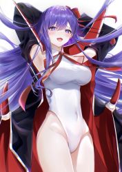 Rule 34 | 1girl, armpits, arms behind head, arms up, bare shoulders, bat wings, bb (fate), bb (fate) (all), bb (swimsuit mooncancer) (fate), bb (swimsuit mooncancer) (third ascension) (fate), black coat, blush, breasts, coat, fate/grand order, fate (series), gloves, hair ribbon, highleg, highleg leotard, highres, large breasts, leotard, long hair, looking at viewer, neck ribbon, open clothes, open coat, open mouth, popped collar, purple eyes, purple hair, red ribbon, ribbon, smile, solo, thighs, very long hair, white gloves, white leotard, wings, yuki haru