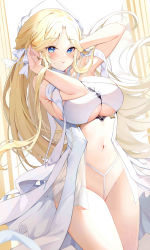 Rule 34 | 1girl, :p, absurdres, arlene (ju), arms up, azur lane, bare arms, blonde hair, blue eyes, breasts, brest (azur lane), cowboy shot, dress, elf, floating hair, groin, hair ribbon, highres, large breasts, long hair, looking at viewer, navel, parted bangs, pointy ears, revealing clothes, ribbon, solo, stomach, thighs, tongue, tongue out, underboob, white dress, white ribbon