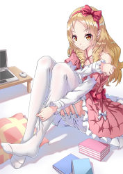 Rule 34 | 10s, 1girl, absurdres, adjusting clothes, adjusting legwear, bad id, bad pixiv id, blonde hair, bloomers, book, book stack, bow, computer, dress, drill hair, eromanga sensei, feet, full body, garter straps, hairband, highres, laptop, lolita fashion, long hair, looking at viewer, computer mouse, nisemono, no shoes, off shoulder, orange eyes, pillow, pink bow, pink dress, pointy ears, sitting, solo, thighhighs, twin drills, underwear, white thighhighs, yamada elf