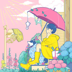 Rule 34 | 1girl, aqua flower, boots, cloud, cloudy sky, flower, frog, highres, hood, hood down, hydrangea, jacket, leaf, original, outdoors, outline, pink flower, pink sky, pink umbrella, plant, potted plant, profile, rubber boots, shiba inu, shoes, sitting, sky, snail, solo, teruterubouzu, umbrella, white outline, yellow flower, yellow footwear, yellow jacket, yoshimon
