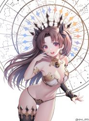 Rule 34 | 1girl, :d, anklet, asymmetrical legwear, asymmetrical sleeves, bare shoulders, black hair, blush, breasts, bridal gauntlets, choker, cleavage, crown, detached collar, earrings, eat 8971, elbow gloves, fate/grand order, fate (series), glint, gloves, hair ribbon, hand up, highres, hoop earrings, ishtar (fate), jewelry, long hair, looking at viewer, medium breasts, navel, open mouth, parted bangs, red eyes, ribbon, single elbow glove, single thighhigh, smile, solo, stomach, thighhighs, thighs, twitter username, two side up, uneven legwear, uneven sleeves, white background
