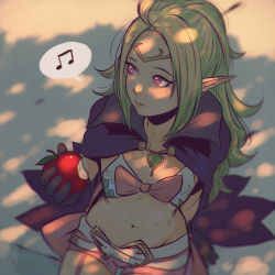 Rule 34 | 1girl, :t, ahoge, apple, artist name, beamed quavers, belt, bikini, black cape, black gloves, blush, bow, brooch, buckle, cape, cowboy shot, dappled sunlight, dragon girl, elbow gloves, green gemstone, fire emblem, fire emblem awakening, flat chest, food, front-tie bikini top, front-tie top, fruit, garter straps, gem, gloves, green bikini, green hair, groin, headpiece, heart, holding, holding food, holding fruit, jewelry, koyorin, leaf, lips, long hair, looking to the side, musical note, navel, nintendo, nowi (fire emblem), outdoors, pink bow, pink eyes, pink shorts, pointy ears, shade, short shorts, shorts, sitting, smile, solo, speech bubble, spoken musical note, stairs, stone floor, sunlight, swimsuit, very long hair, watermark, web address