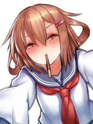 Rule 34 | 10s, 1girl, brown eyes, brown hair, feeding, food, hair ornament, hairclip, ikazuchi (kancolle), incoming kiss, kantai collection, looking at viewer, mouth hold, pocky, pocky kiss, pov feeding, school uniform, serafuku, shared food, sharing food, short hair, simple background, solo, white background, yapo (croquis side)