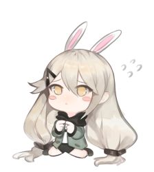 Rule 34 | 1girl, :&lt;, bad id, bad pixiv id, black footwear, black scarf, black shorts, blush, blush stickers, brown eyes, chibi, closed mouth, dokomon, fingers together, flying sweatdrops, full body, girls&#039; frontline, green jacket, grey hair, hair between eyes, hair ornament, hairclip, highres, index fingers together, jacket, kemonomimi mode, long hair, long sleeves, mg4 (girls&#039; frontline), open clothes, open jacket, scarf, shirt, shoes, short shorts, shorts, simple background, sitting, solo, twintails, very long hair, wariza, white background, white shirt