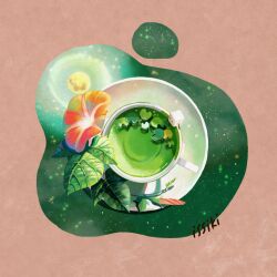 Rule 34 | artist name, commentary request, cup, drink, flower, food, food focus, from above, full moon, green tea, green theme, issiki toaki, leaf, lily pad, moon, morning glory, no humans, original, plant, plate, saucer, sitting, star (sky), sugar cube, tea, teacup, twitter username