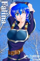 Rule 34 | 1girl, aqua eyes, bare tree, blue eyes, blue hair, blush, character name, copyright name, farina (fire emblem), female focus, fire emblem, hissaa (starlight express), looking at viewer, matching hair/eyes, nintendo, one eye closed, outdoors, photo background, short hair, sky, smile, solo, tree, wink