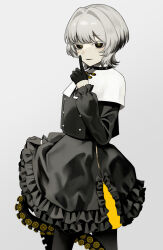 Rule 34 | 1girl, black eyes, black gloves, black hair, black jacket, black skirt, buttons, capelet, colored tips, cross, double-breasted, finger to mouth, frilled skirt, frilled sleeves, frills, gloves, grey background, hair intakes, half gloves, highres, inverted cross, jacket, long sleeves, looking at viewer, multicolored hair, original, parted lips, short hair, skirt, skirt hold, solo, suction cups, sumi (gfgf 045), tentacles, white capelet, white hair, yellow pupils, zipper skirt
