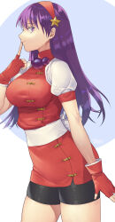 Rule 34 | 1girl, asamiya athena, bike shorts, breasts, closed mouth, fingerless gloves, gloves, hair ornament, hairband, highres, large breasts, long hair, looking at viewer, murata tefu, purple eyes, purple hair, red hairband, seductive smile, skirt, smile, solo, star (symbol), star hair ornament, the king of fighters