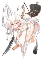 Rule 34 | :&lt;, armor, arrow (projectile), bandaged leg, bandages, bare arms, bare shoulders, bone, breasts, cleavage, closed mouth, horns, japanese armor, long hair, long sleeves, looking at viewer, off shoulder, red eyes, senhappyaku, simple background, small breasts, solo, sword, weapon, white background, white hair, wide sleeves