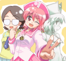 Rule 34 | 00s, 1girl, ;d, behoimi, blush, brown hair, clenched hand, dual persona, glasses, hair between eyes, hand up, hat, hexagram, jewelry, magical girl, monochrome, multiple views, necklace, necktie, one eye closed, opaque glasses, open mouth, outstretched hand, pani poni dash!, pendant, red eyes, red hair, school uniform, short hair, smile, symbol, v