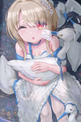 Rule 34 | 1girl, animal, armpit crease, azur lane, bare shoulders, bird, blonde hair, blue ribbon, blue trim, breasts, choker, collarbone, commentary, crying, dress, feathers, flower, from above, hair flower, hair ornament, handkerchief, highres, holding, holding animal, holding bird, juneau (azur lane), juneau (in the swan garden) (azur lane), medium hair, mndqn, one eye closed, open mouth, pantyhose, red eyes, ribbon, ribbon choker, sidelocks, small breasts, solo, swan, white dress, white feathers, white flower, white pantyhose