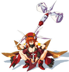 Rule 34 | 00s, 1girl, aged up, ahoge, alternate costume, alternate weapon, armband, armor, bare shoulders, blue eyes, boots, braid, breasts, cleavage, cross, frills, full body, gloves, glowing, graf eisen, hammer, hat, huge weapon, large breasts, long hair, lyrical nanoha, mahou shoujo lyrical nanoha, mahou shoujo lyrical nanoha strikers, mordenkrad, naughty face, nekomamire, orange hair, rabbit, red hair, simple background, solo, squatting, twin braids, vita (nanoha), weapon