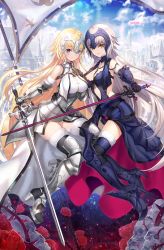 Rule 34 | 2girls, armor, armored dress, artist name, banner, bare shoulders, black footwear, blonde hair, blue sky, boots, braid, breasts, building, castle, chain, cleavage, cloud, cloudy sky, cowboy shot, day, dual persona, fate/grand order, fate (series), faulds, flag, flower, full body, gauntlets, halterneck, headpiece, high heel boots, high heels, highres, holding, holding sword, holding weapon, jeanne d&#039;arc (fate), jeanne d&#039;arc (ruler) (fate), jeanne d&#039;arc (third ascension) (fate), jeanne d&#039;arc alter (avenger) (fate), jeanne d&#039;arc alter (avenger) (third ascension) (fate), jeanne d&#039;arc alter (fate), large breasts, leotard, long hair, looking at viewer, medium breasts, multiple girls, narae, outdoors, parted lips, red flower, red rose, rose, sidelocks, single braid, sky, smile, sword, thighhighs, torns, very long hair, weapon, yellow eyes
