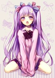 Rule 34 | 1girl, blue bow, blunt bangs, blush, bow, crescent, crescent hair ornament, hair bow, hair ornament, highres, long hair, long sleeves, looking at viewer, md5 mismatch, open mouth, oral invitation, patchouli knowledge, pleated skirt, purple eyes, purple hair, red bow, resolution mismatch, sitting, skirt, solo, source larger, star (symbol), star hair ornament, sweater, tongue, touhou, twintails, ukita uuko, v arms