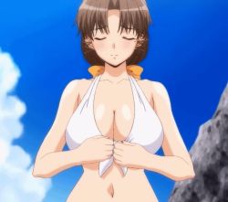 Rule 34 | 10s, 1girl, animated, animated gif, beach, bikini, blurry, blush, bouncing breasts, bow, breasts, breasts apart, brown hair, cleavage, closed eyes, cloud, day, depth of field, flashing, front-tie bikini top, front-tie top, grey hair, hair bow, large breasts, long hair, mature female, mole, mole under eye, moroboshi kyouko, navel, nipples, nude, parted bangs, public indecency, rock, screencap, shiny skin, sky, smile, solo, sweet home, swimsuit, undressing, untied bikini, upper body, white bikini, wide hips
