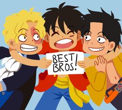 Rule 34 | black coat, black hair, blonde hair, blue background, brothers, burn scar, closed eyes, coat, denim, dot nose, family, freckles, group hug, h0saki, happy, hug, jacket, male focus, monkey d. luffy, multiple boys, navel, one piece, open clothes, open jacket, open mouth, parted lips, portgas d. ace, sabo (one piece), sanpaku, scar, short hair, shorts, siblings, smile, straw hat pirates, teeth, time paradox, upper teeth only, very short hair