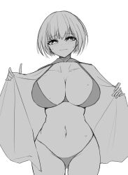 Rule 34 | 1girl, bikini, blush, breasts, cleavage, cross-shaped pupils, goddess of victory: nikke, greyscale, large breasts, liliweiss (nikke), monochrome, navel, short hair, simple background, solo, sweat, swimsuit, symbol-shaped pupils, white background, yakii (yak11)